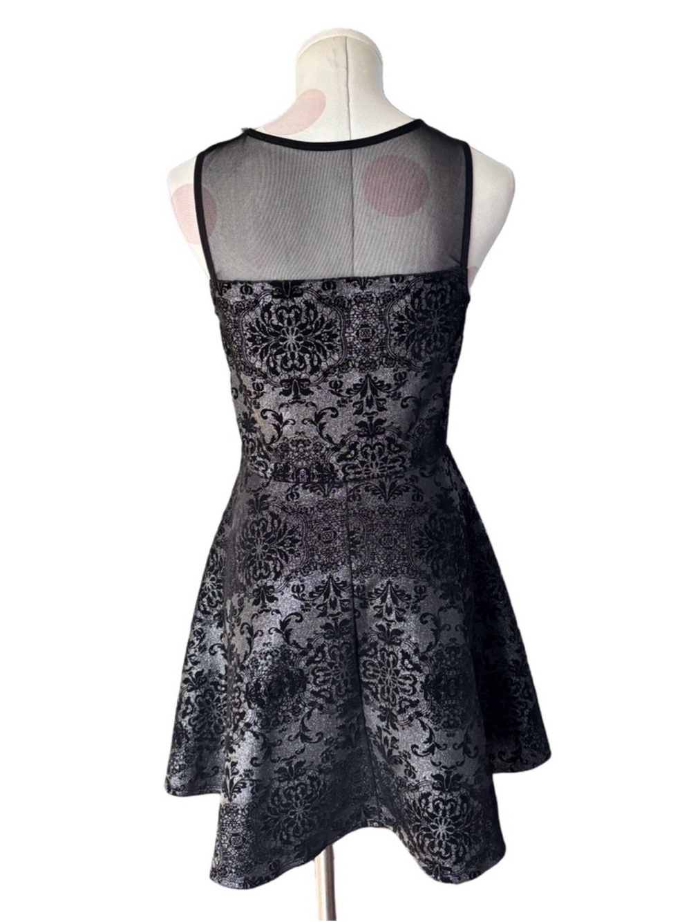 Fit & Flare Brocade Party Dress - whimsygoth- Black Silver Metallic Damask - L - Picture 5 of 10